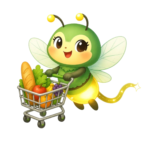 Mascotte Dedalia avec un panier de courses